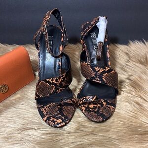 SOLD - PrettyLittleThing Black and Orange Strappy Heels